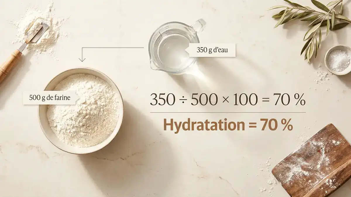 Calcul hydratation pain avec 500 g de farine et 350 g d’eau