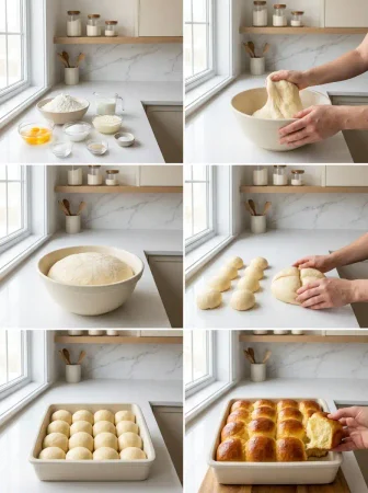 Six étapes de préparation de la brioche Butchy, du mélange des ingrédients à la brioche cuite