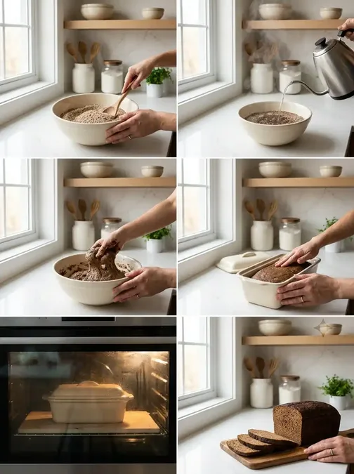 Six étapes de la recette du Pumpernickel, du levain de seigle au pain sombre tranché