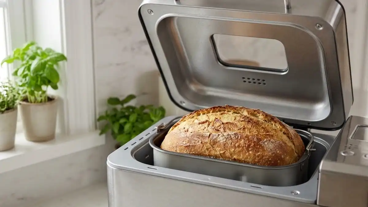Machine à pain ouverte avec un pain maison doré fraîchement cuit dans la cuve.