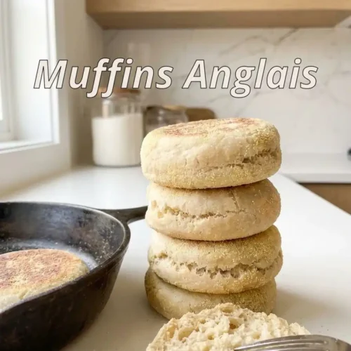 Muffins Anglais maison empilés avec un muffin ouvert montrant sa mie irrégulière