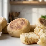 Muffins anglais maison dorés à la poêle avec une mie alvéolée ouverte à la fourchette