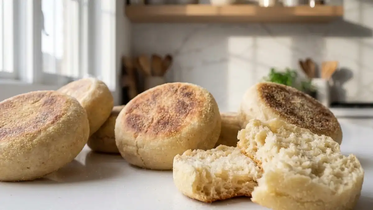 Muffins anglais maison dorés à la poêle avec une mie alvéolée ouverte à la fourchette