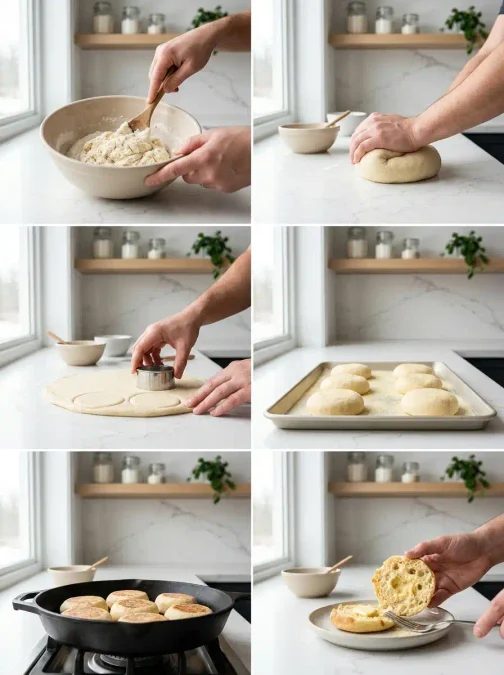 Six étapes de préparation des muffins anglais maison, du pétrissage à l’ouverture à la fourchette