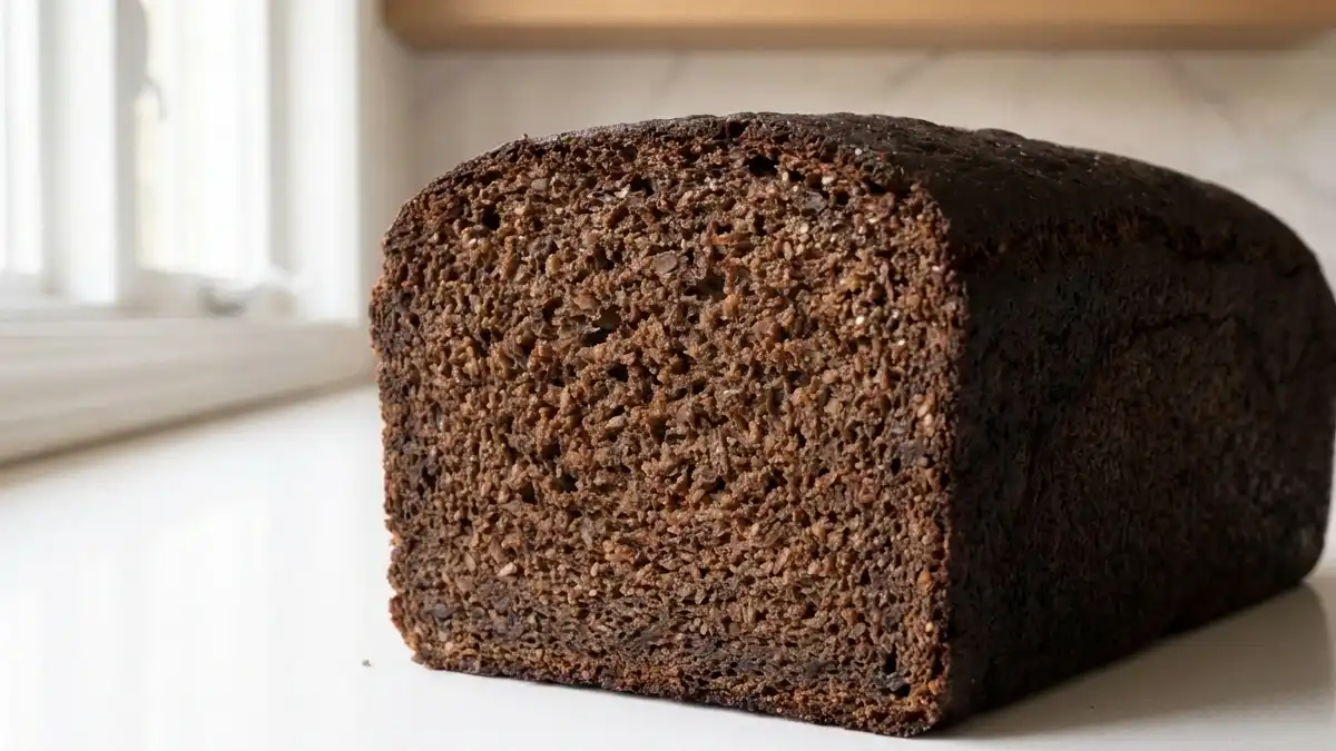 Pumpernickel allemand maison très sombre au seigle, présenté entier dans une cuisine lumineuse