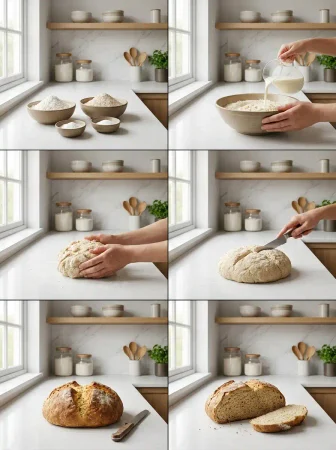 Six étapes de la soda bread recette, du mélange des ingrédients à la miche tranchée.