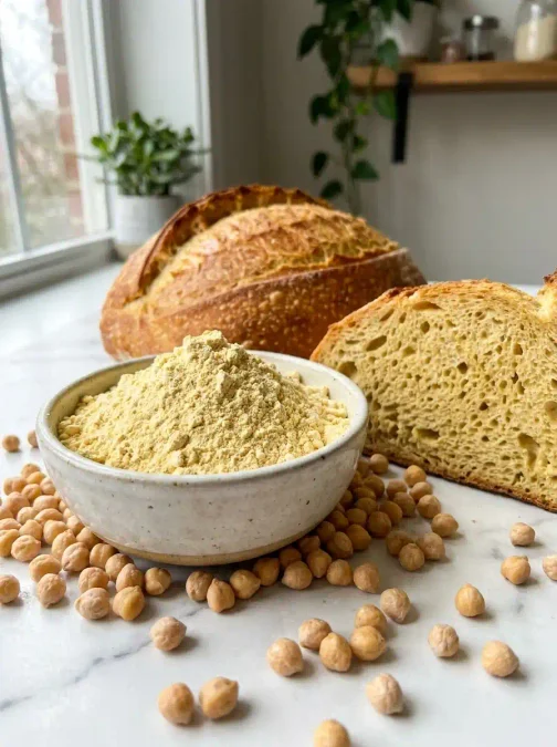 Farine de pois chiches, pois chiches secs et pain maison à la mie légèrement dorée