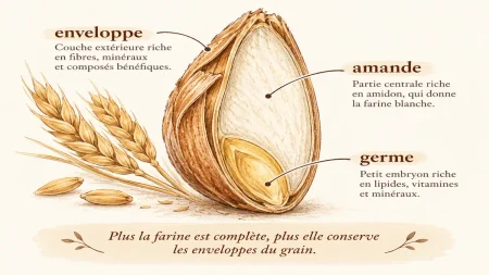 Anatomie du grain de blé avec enveloppe, amande et germe