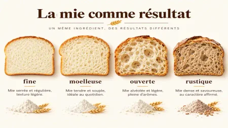 Comparaison de mies de pain fines, moelleuses, ouvertes et rustiques