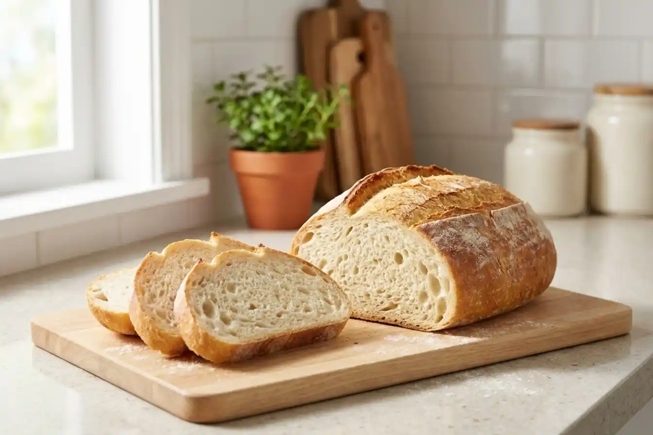 Pain blanc maison tranché avec une croûte dorée et une mie légère
